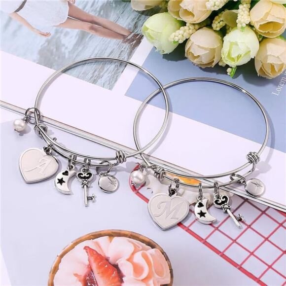 Initial Charm Bracelets for Women Gifts Adjustable Bangle Bracelet - Picture 2 of 2